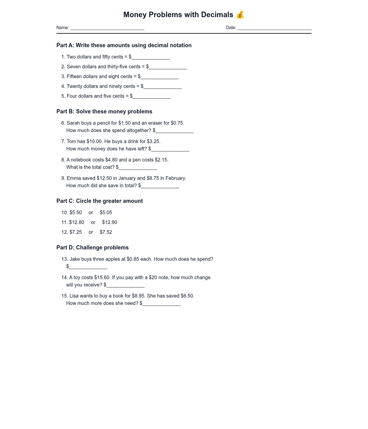 Money Problems with Decimals