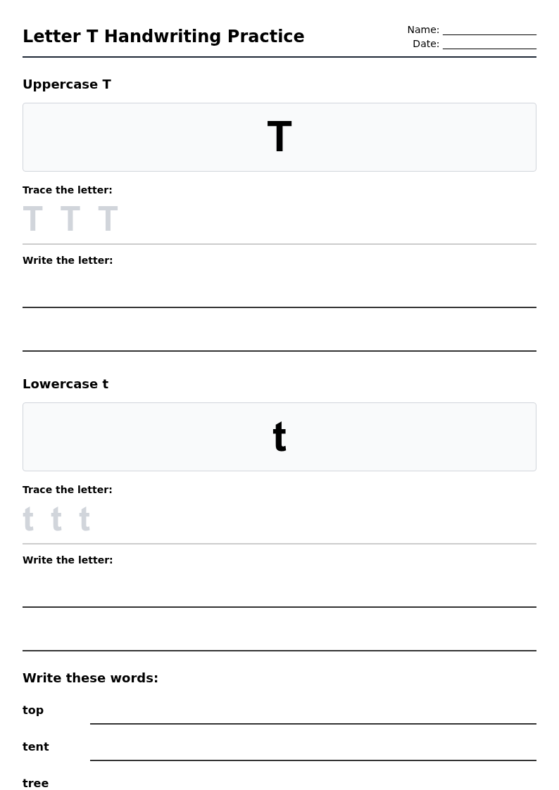 Letter T Handwriting Practice