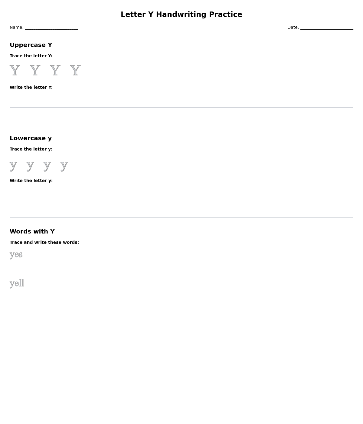 Letter Y Handwriting Practice