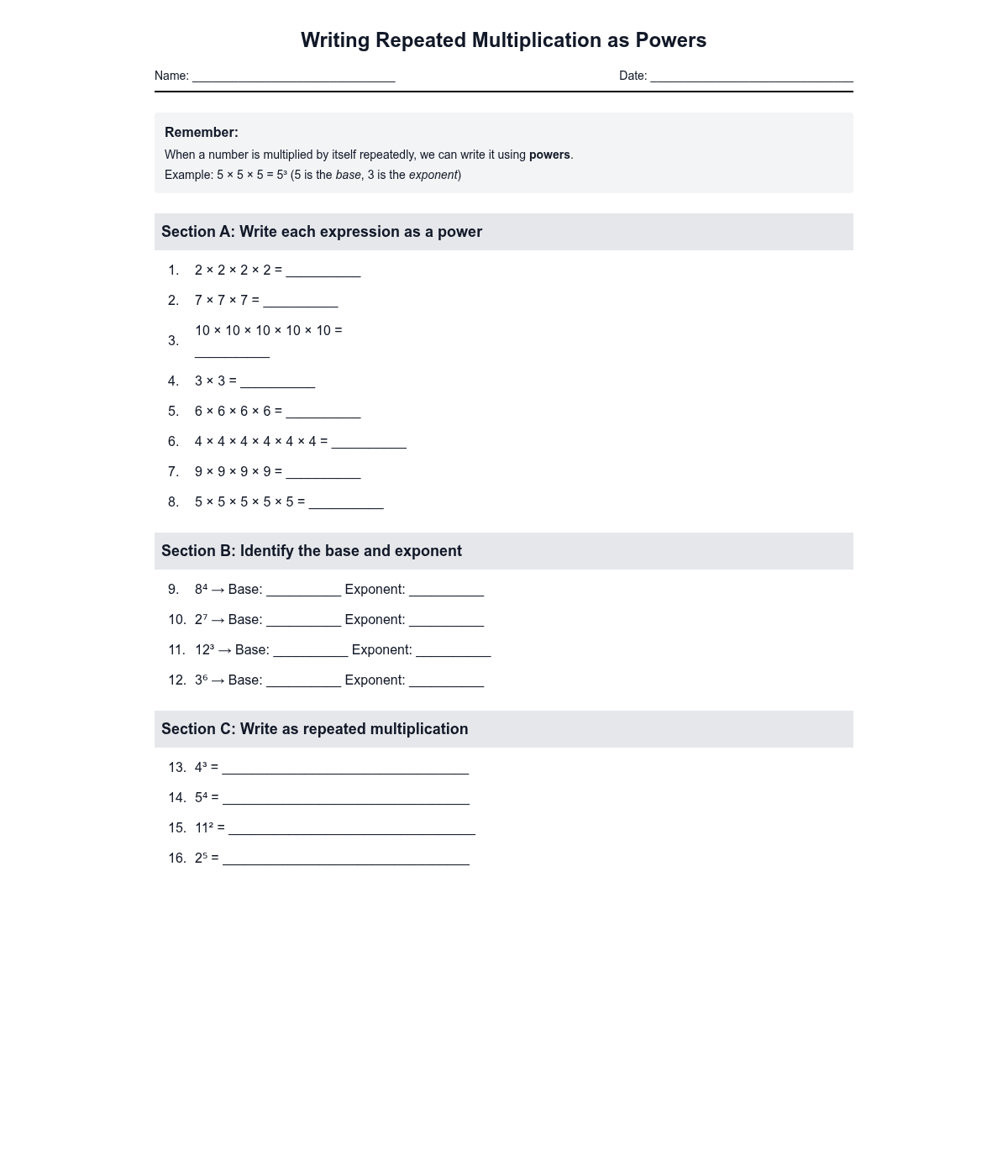 Writing Repeated Multiplication as Powers