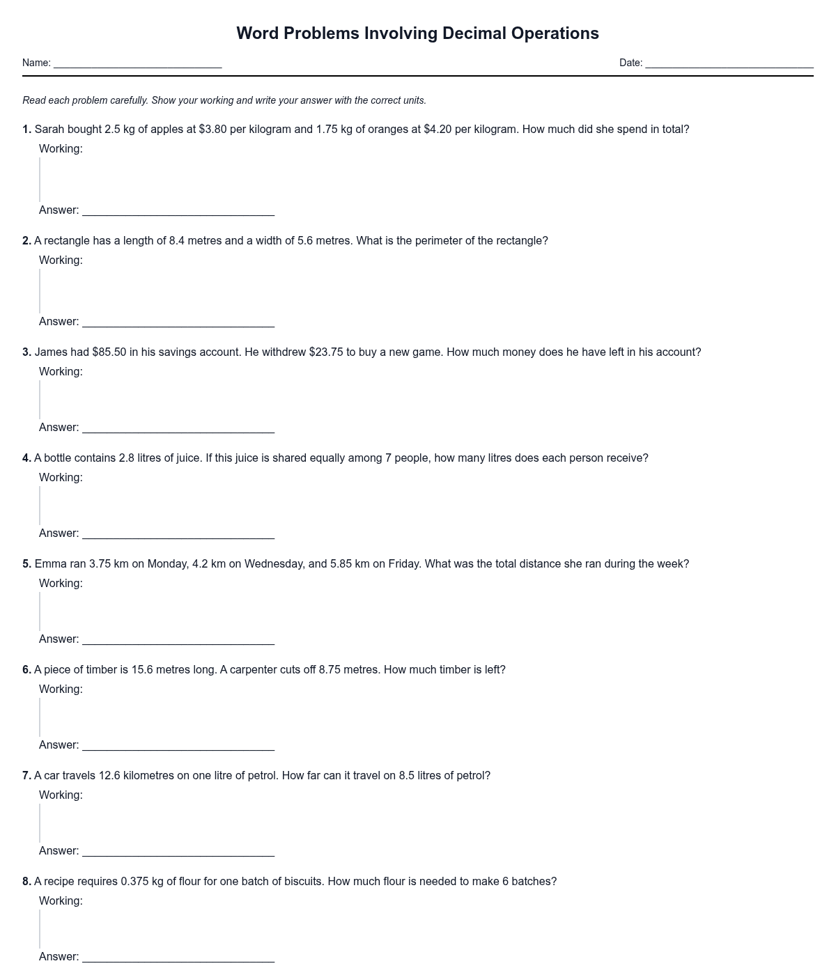 Word Problems Involving Decimal Operations