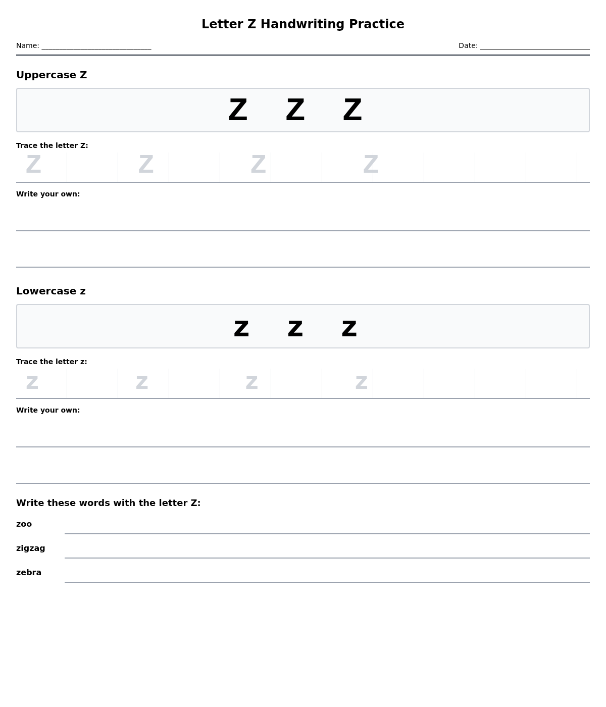 Letter Z Handwriting Practice