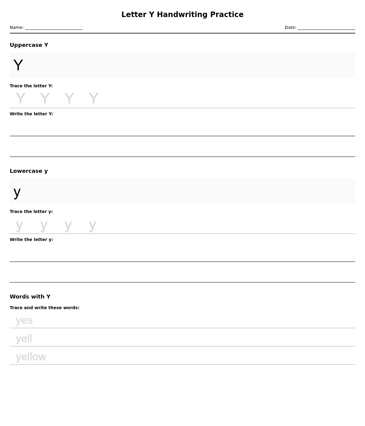 Letter Y Handwriting Practice