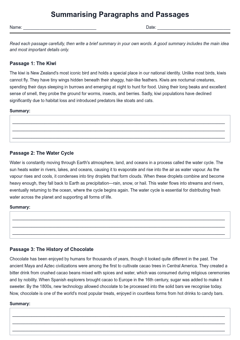 Summarising Paragraphs and Passages