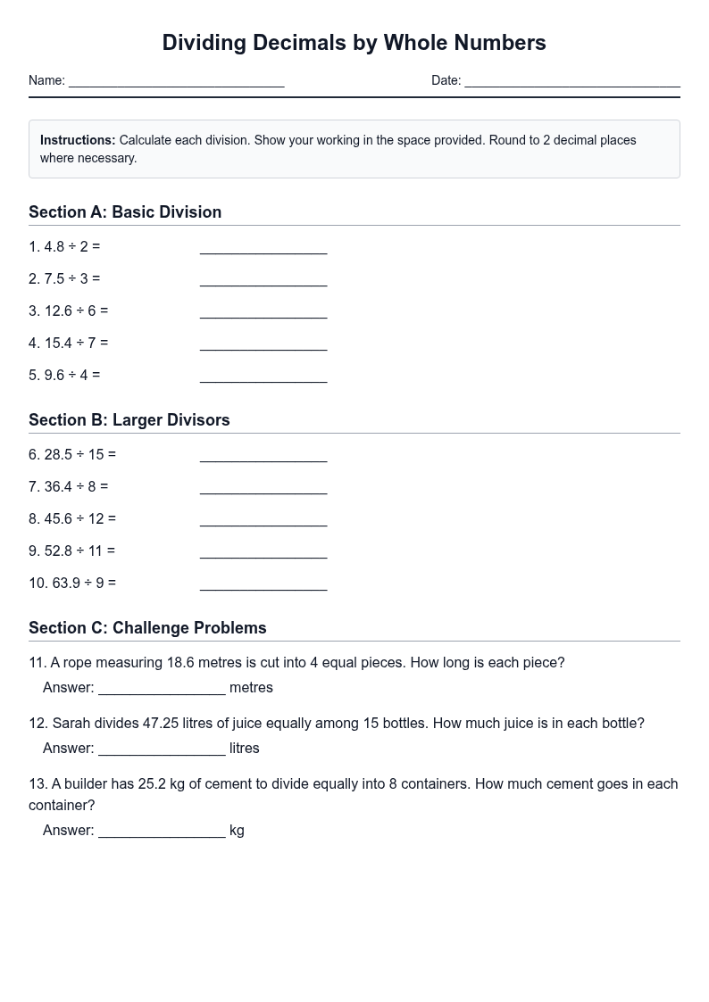 Dividing Decimals by Whole Numbers