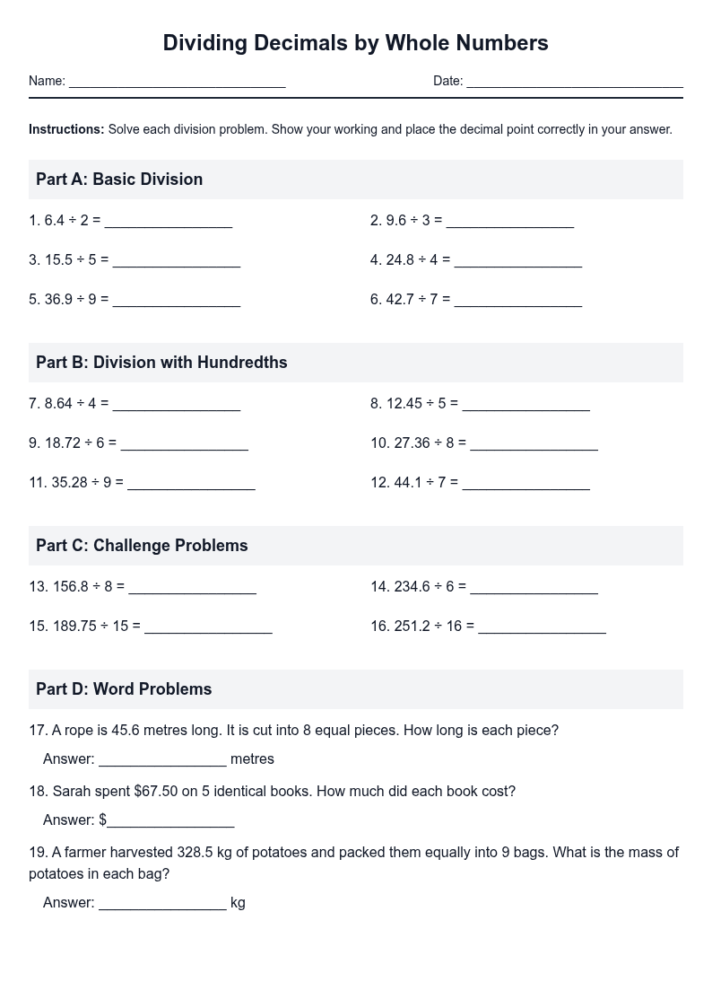 Dividing Decimals by Whole Numbers