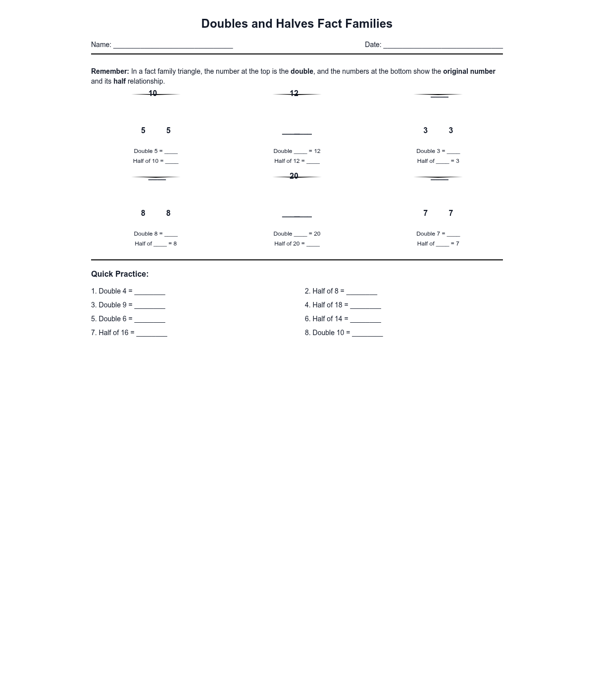 Doubles and Halves Fact Families