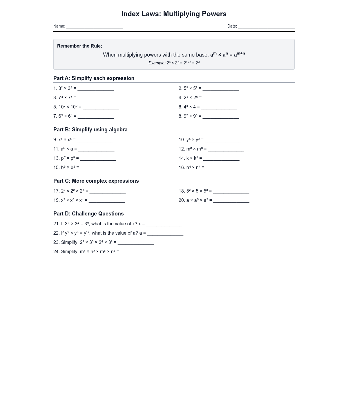 Index Laws: Multiplying Powers