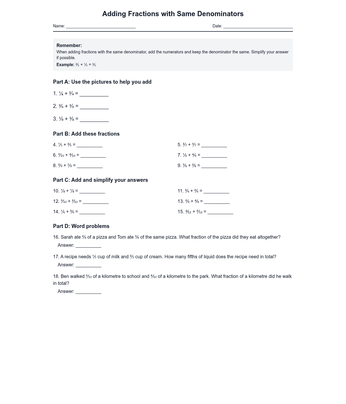 Adding Fractions with Same Denominators