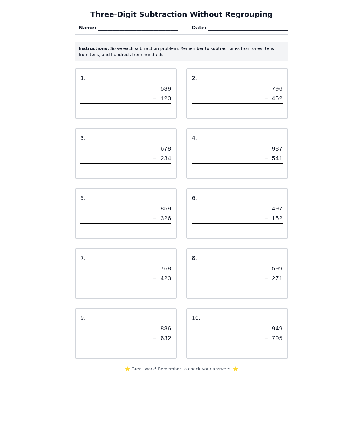 Three-Digit Subtraction Without Regrouping