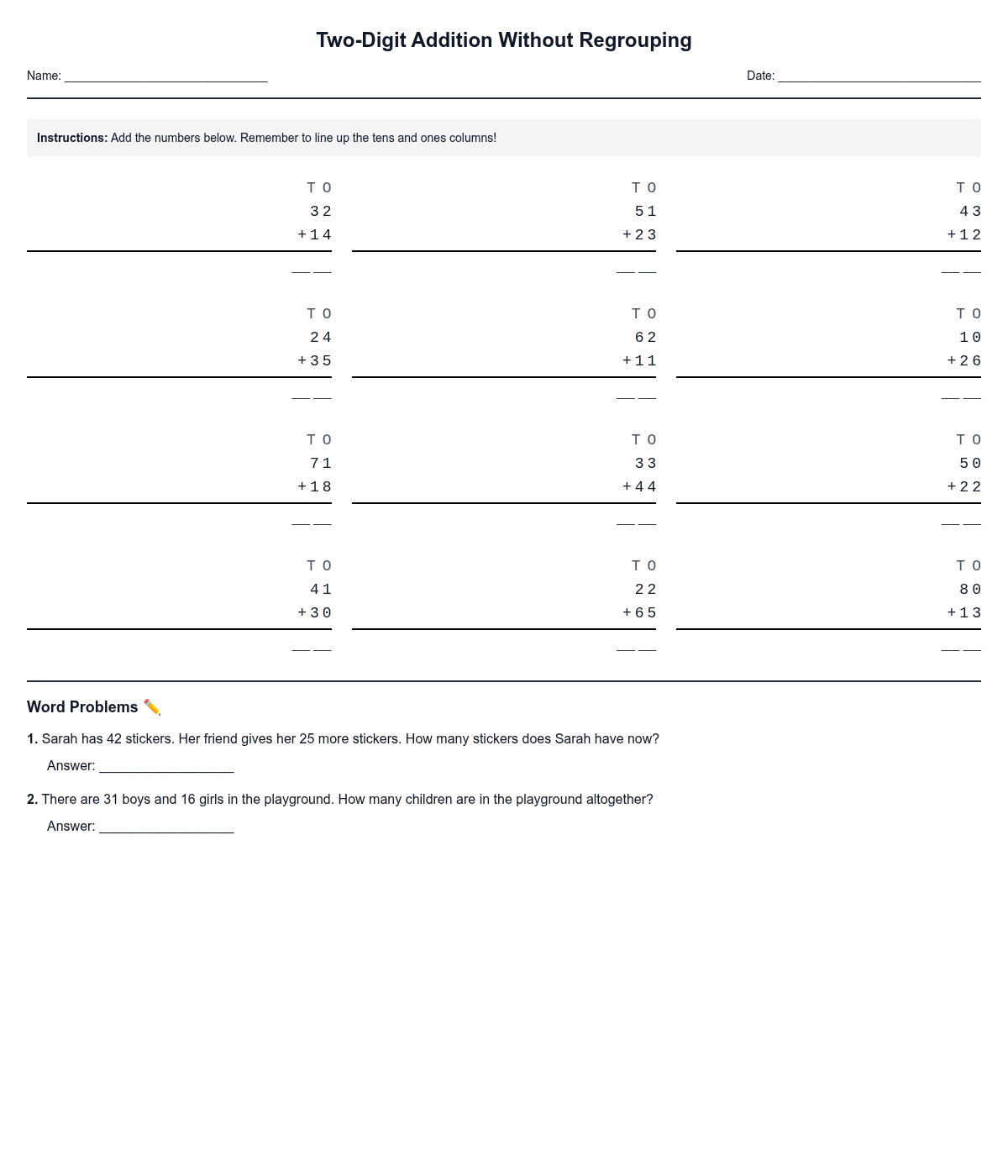 Two-Digit Addition Without Regrouping
