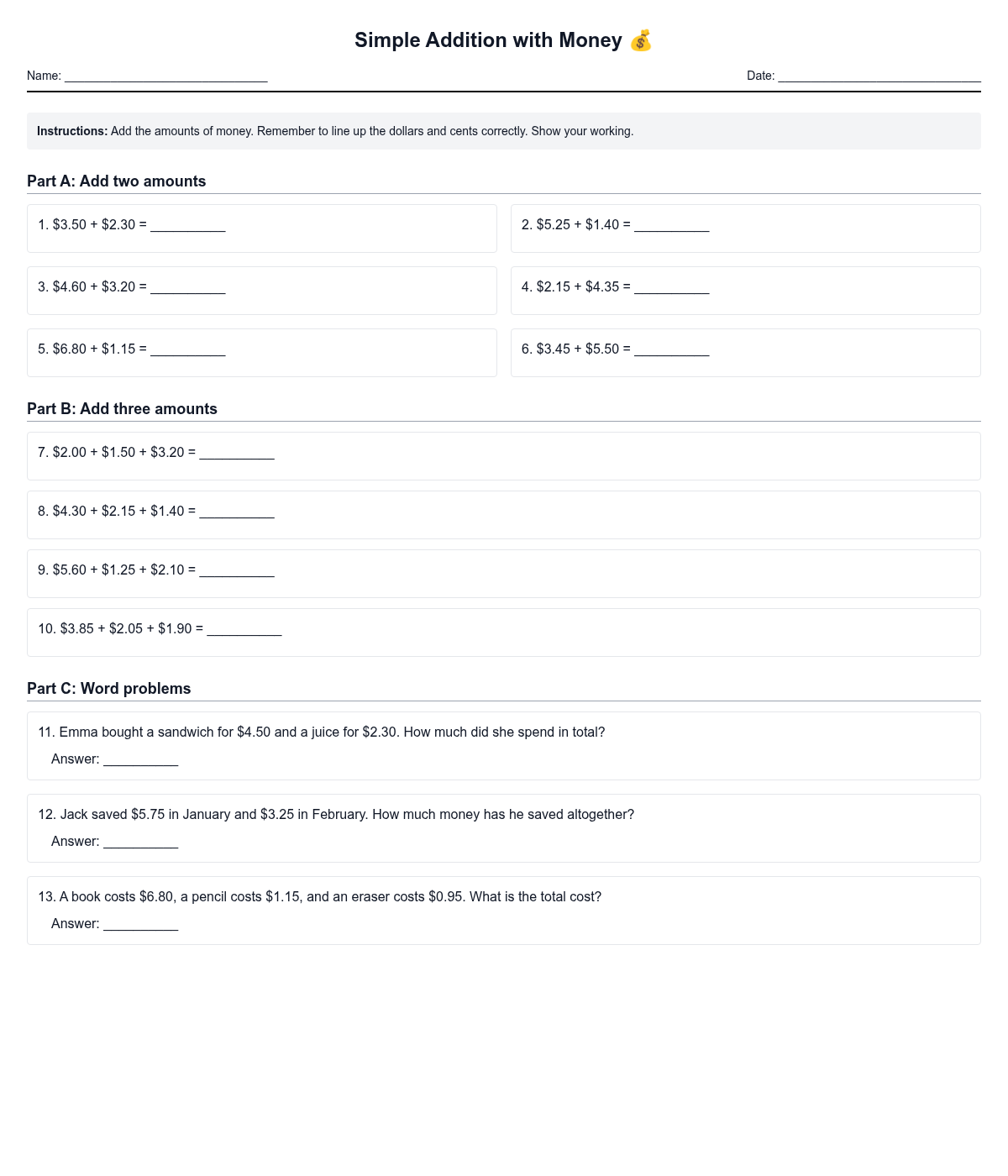 Simple Addition with Money