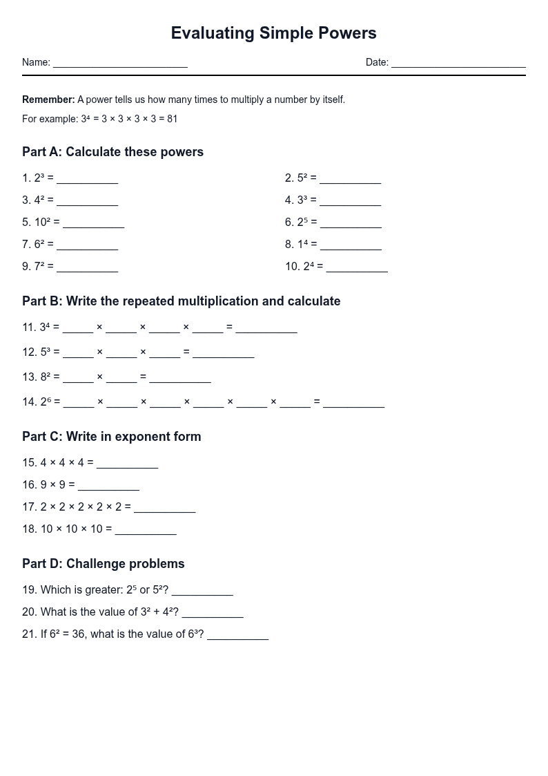 Evaluating Simple Powers and Exponents