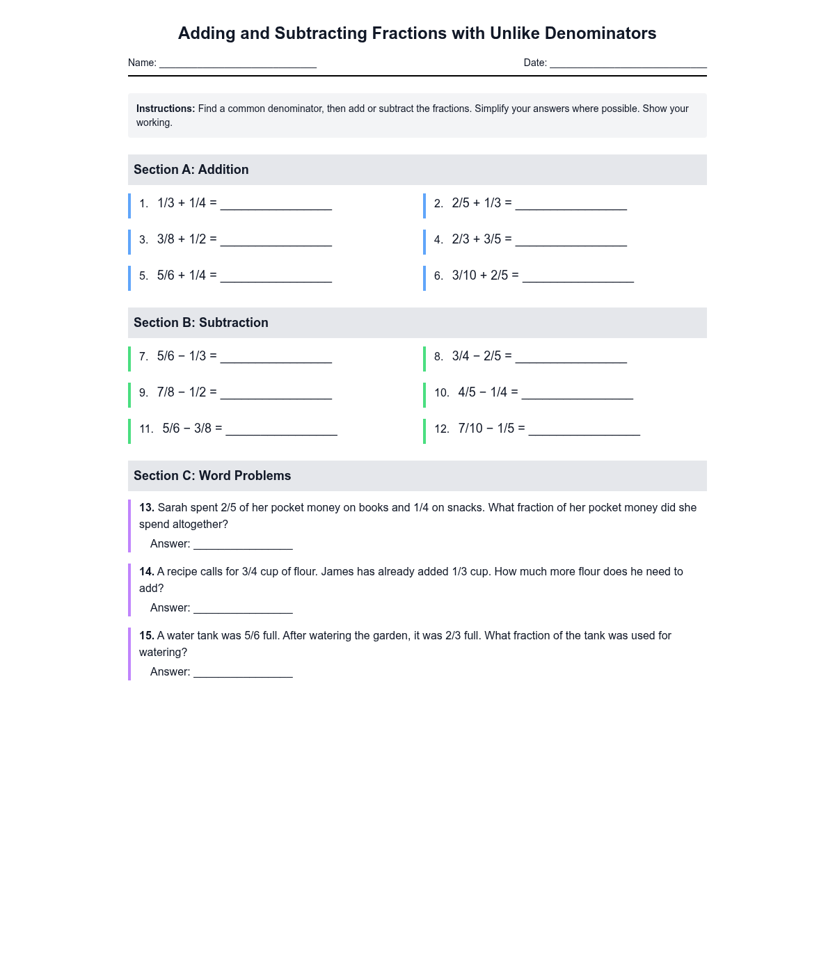 Adding and Subtracting Fractions with Unlike Denominators