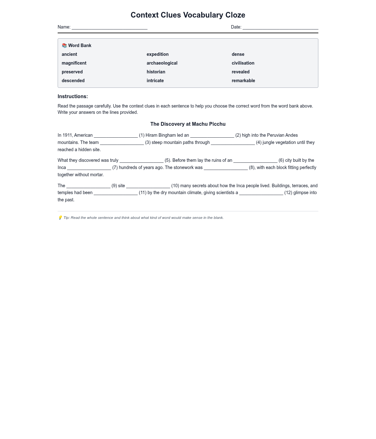 Context Clues Vocabulary Cloze