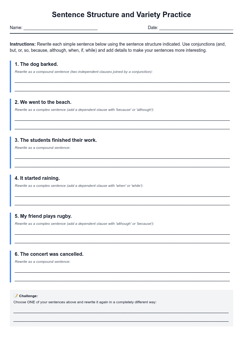 Sentence Structure and Variety Practice