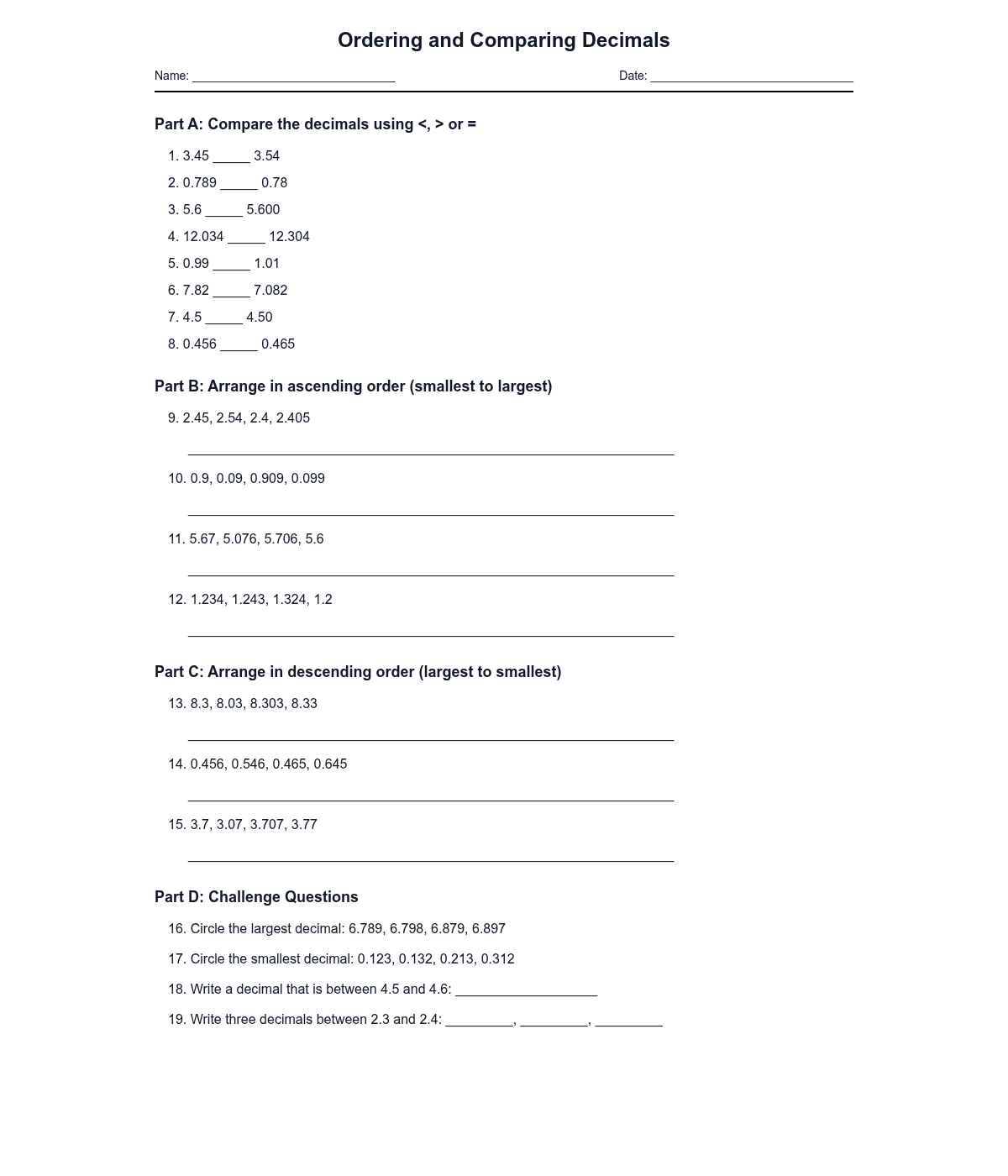 Ordering and Comparing Decimals