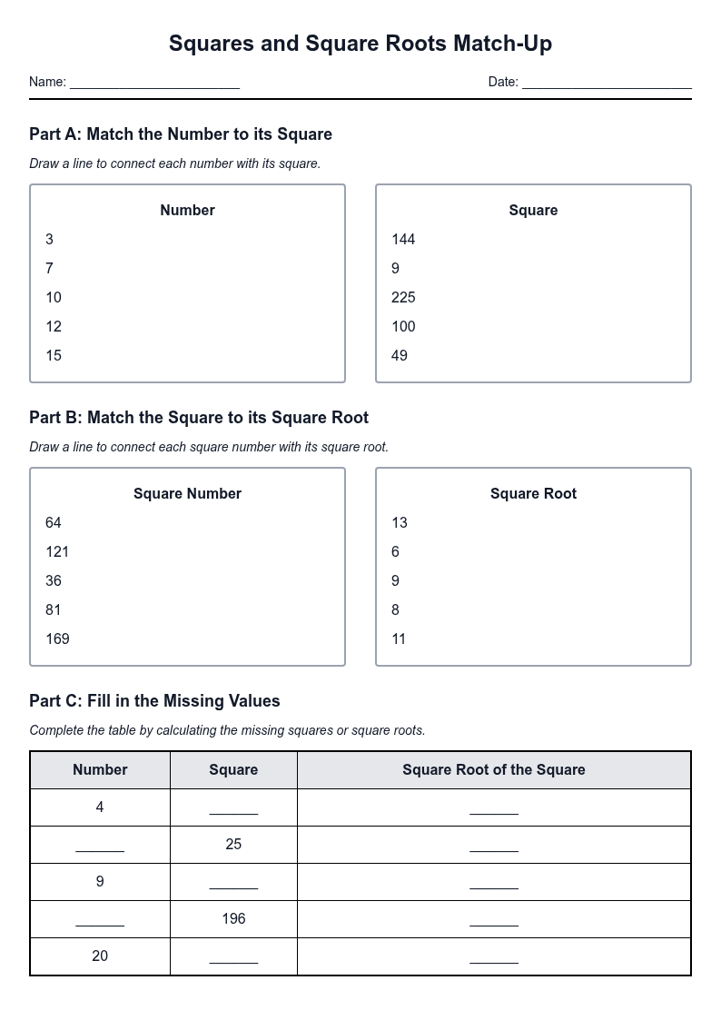 Squares and Square Roots Match-Up