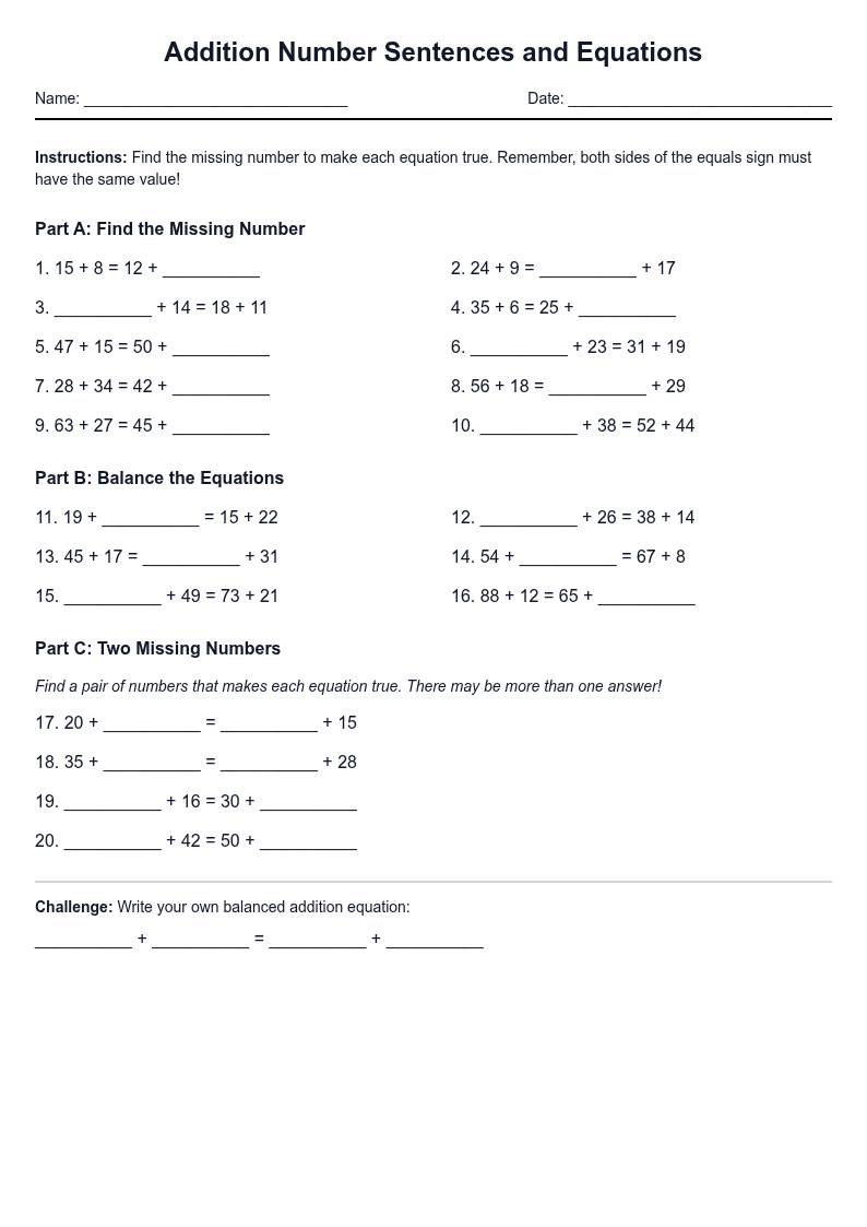 Addition Number Sentences and Equations