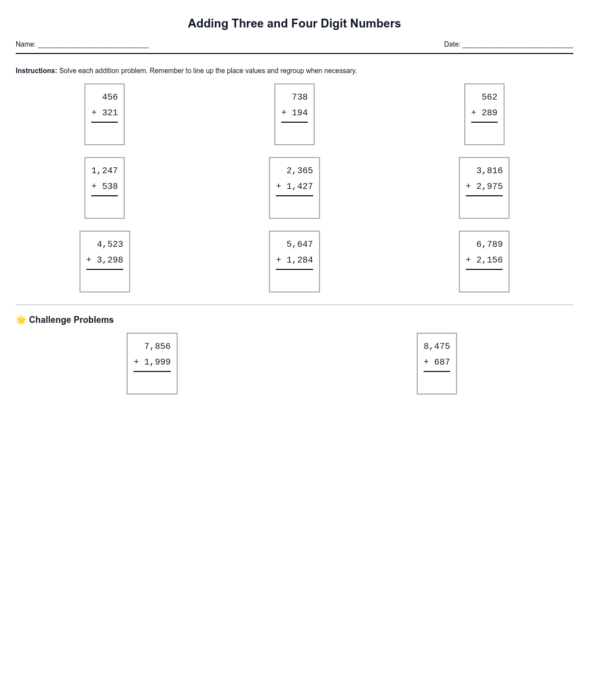 Adding Three and Four Digit Numbers