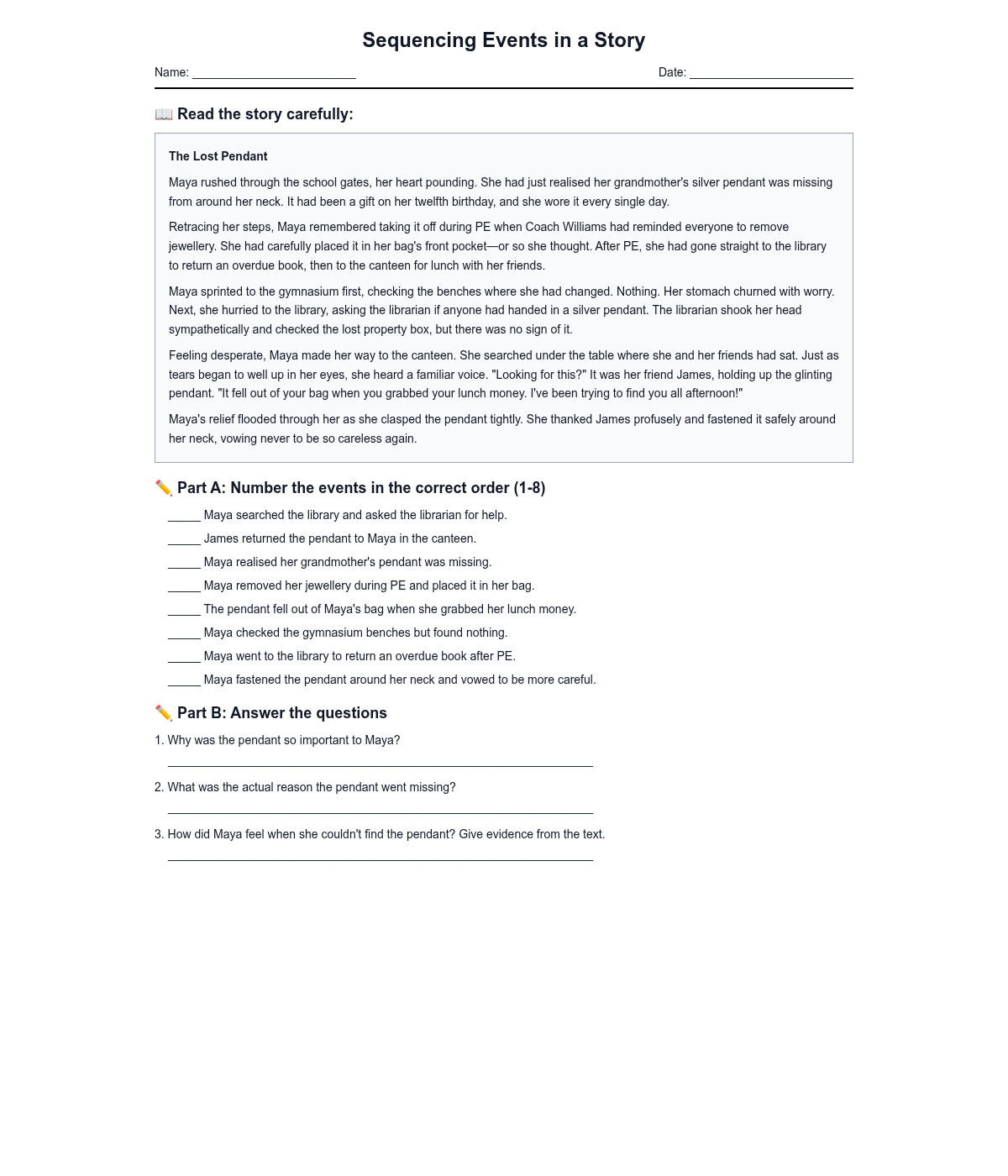 Sequencing Events in a Story