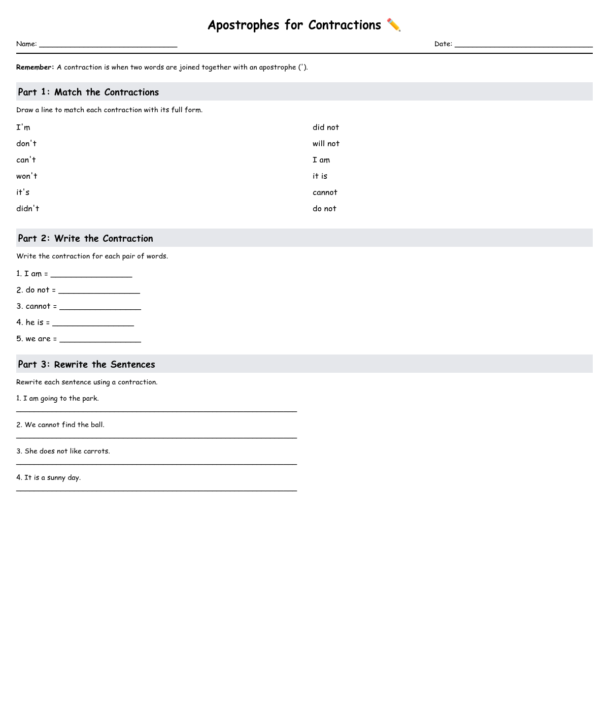 Apostrophes for Contractions