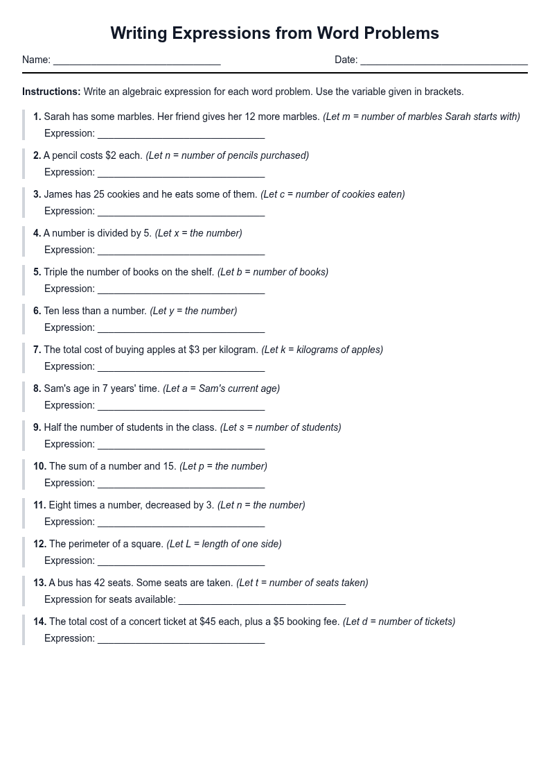 Writing Expressions from Word Problems