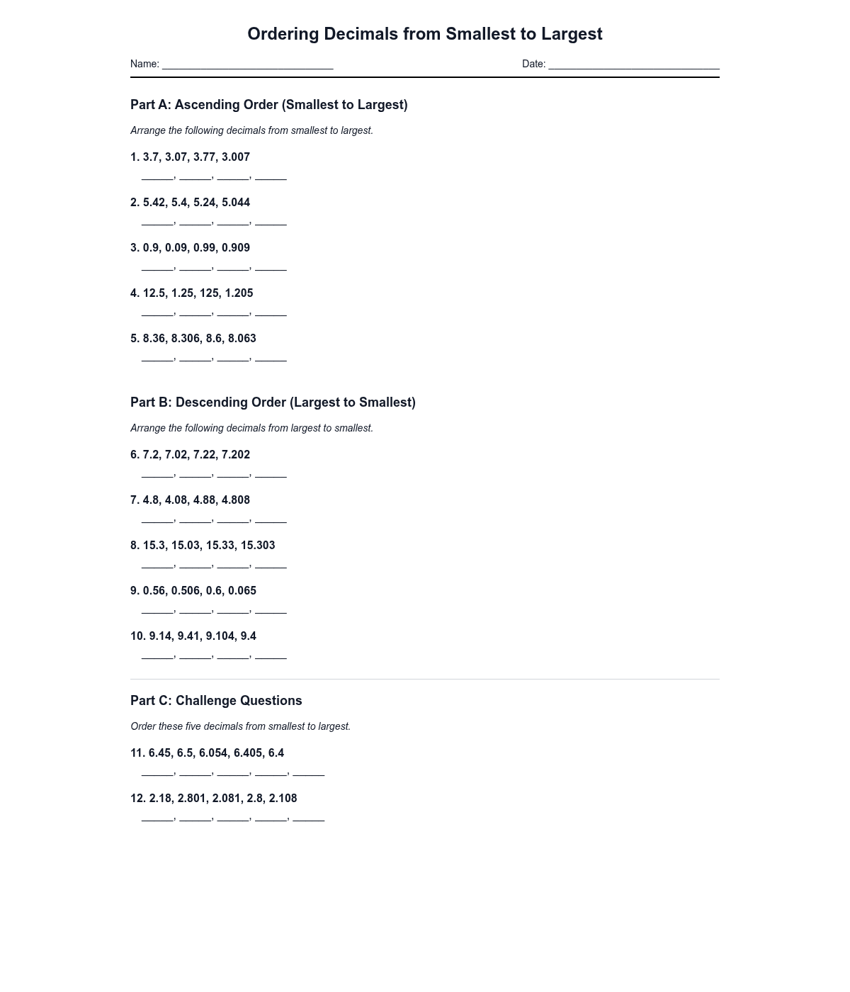 Ordering Decimals from Smallest to Largest