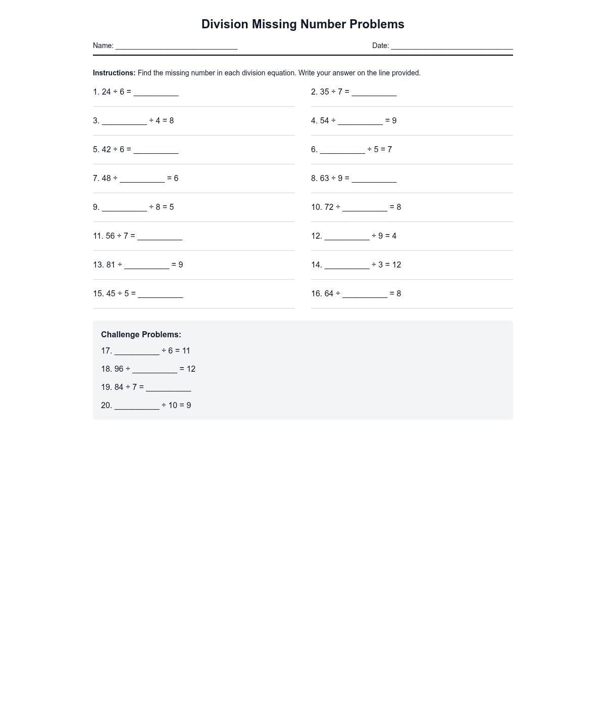Division Missing Number Problems