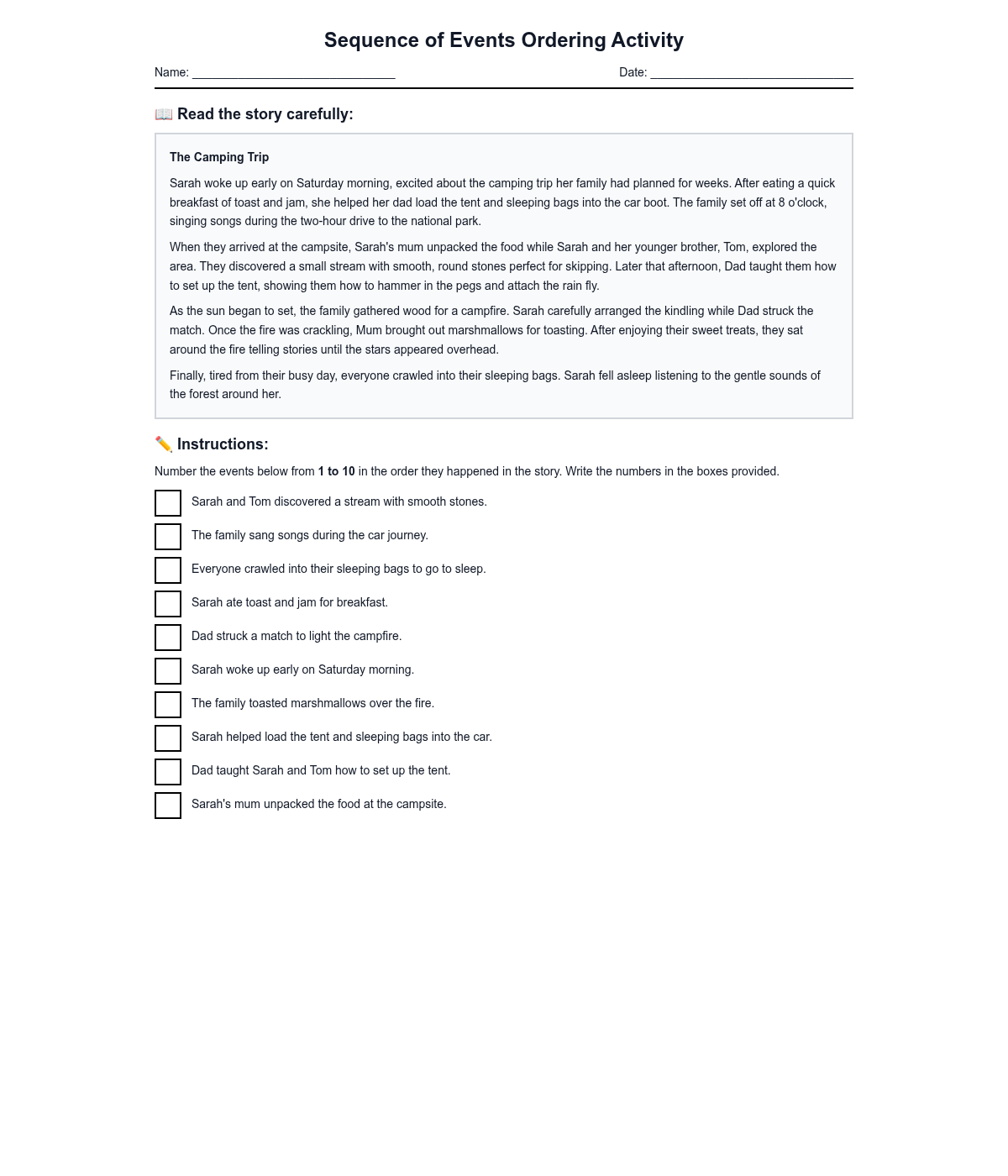 Sequence of Events Ordering Activity