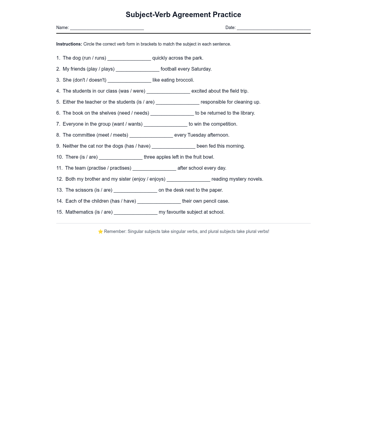 Subject-Verb Agreement Practice