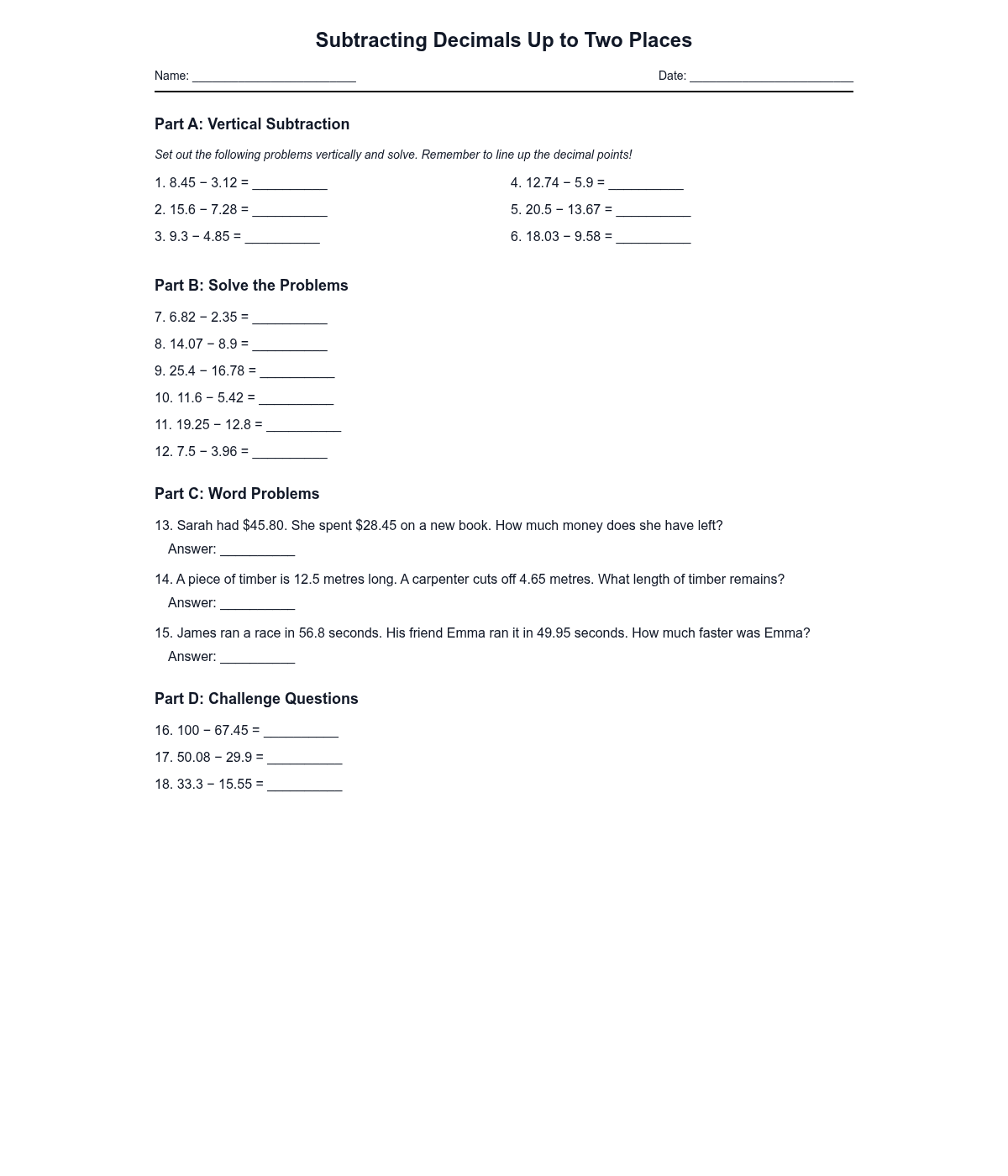 Subtracting Decimals Up to Two Places