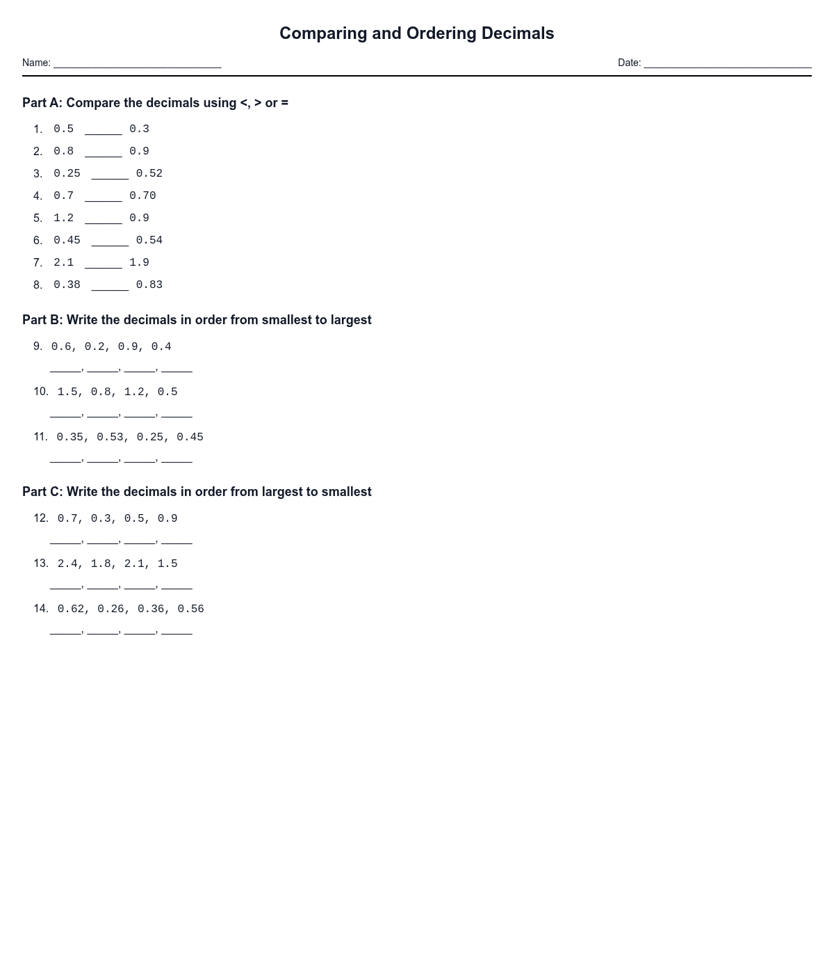Comparing and Ordering Decimals