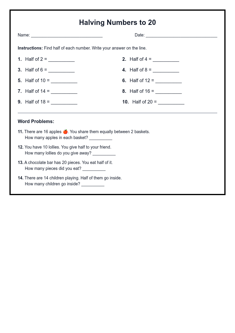 Halving Numbers to 20