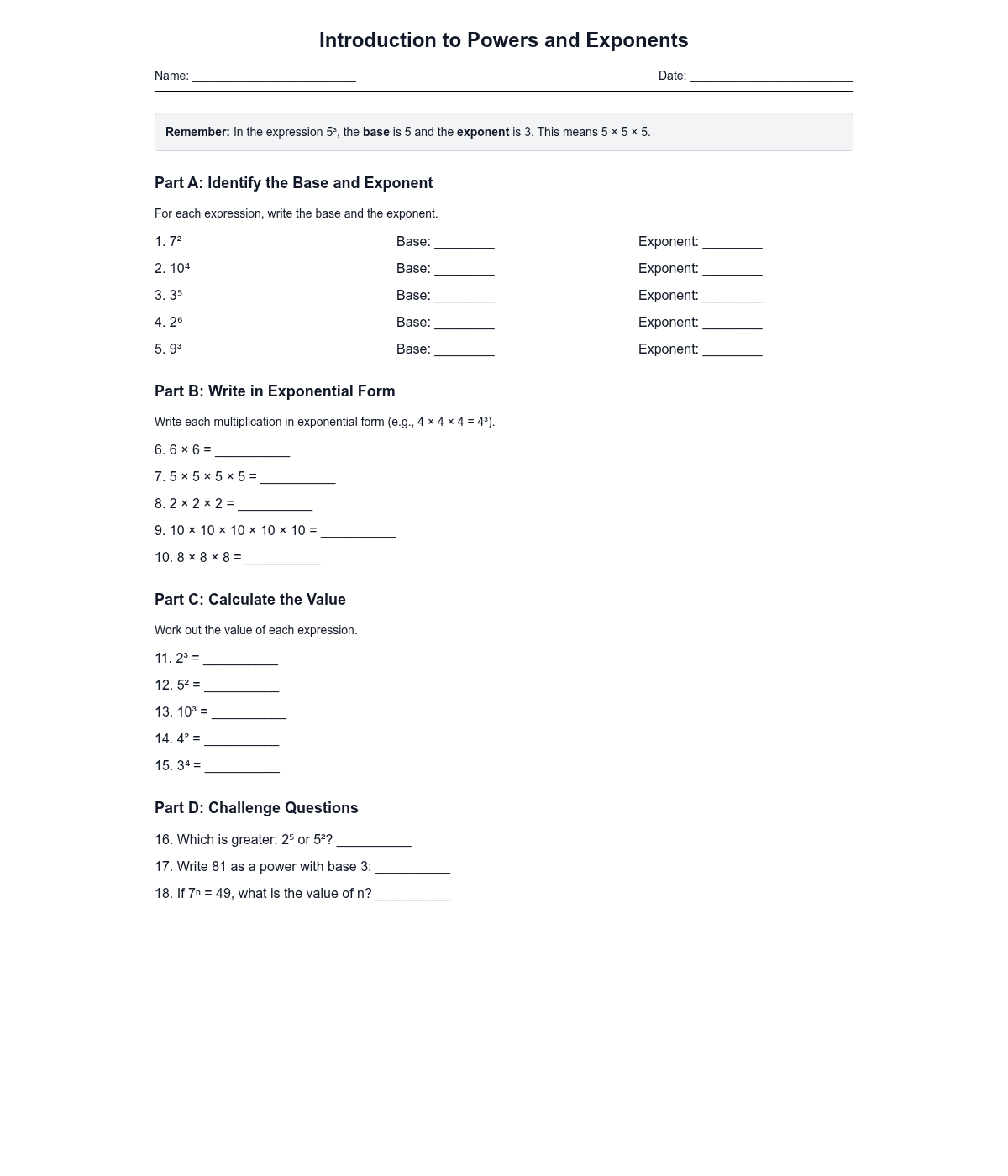 Introduction to Powers and Exponents