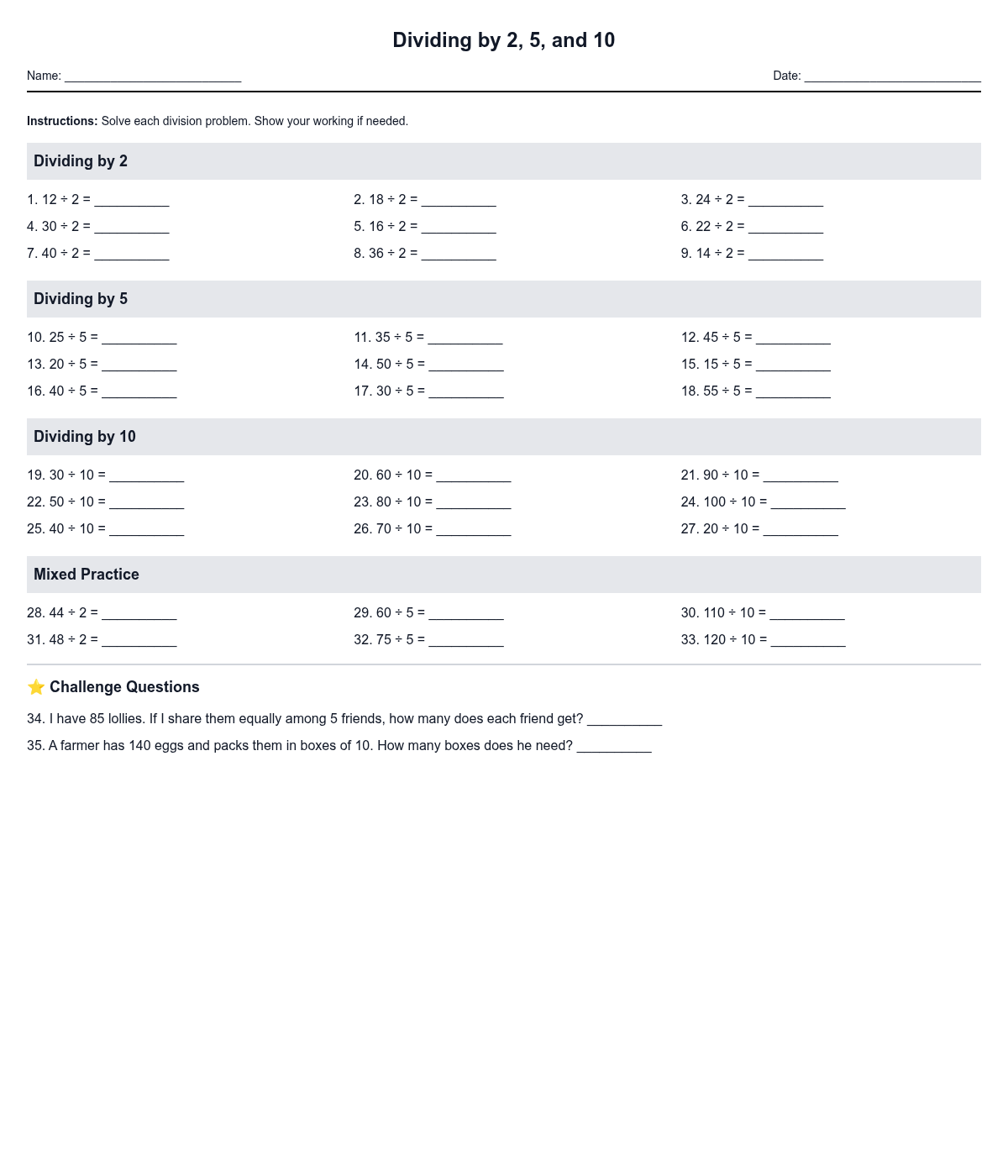 Dividing by 2, 5, and 10