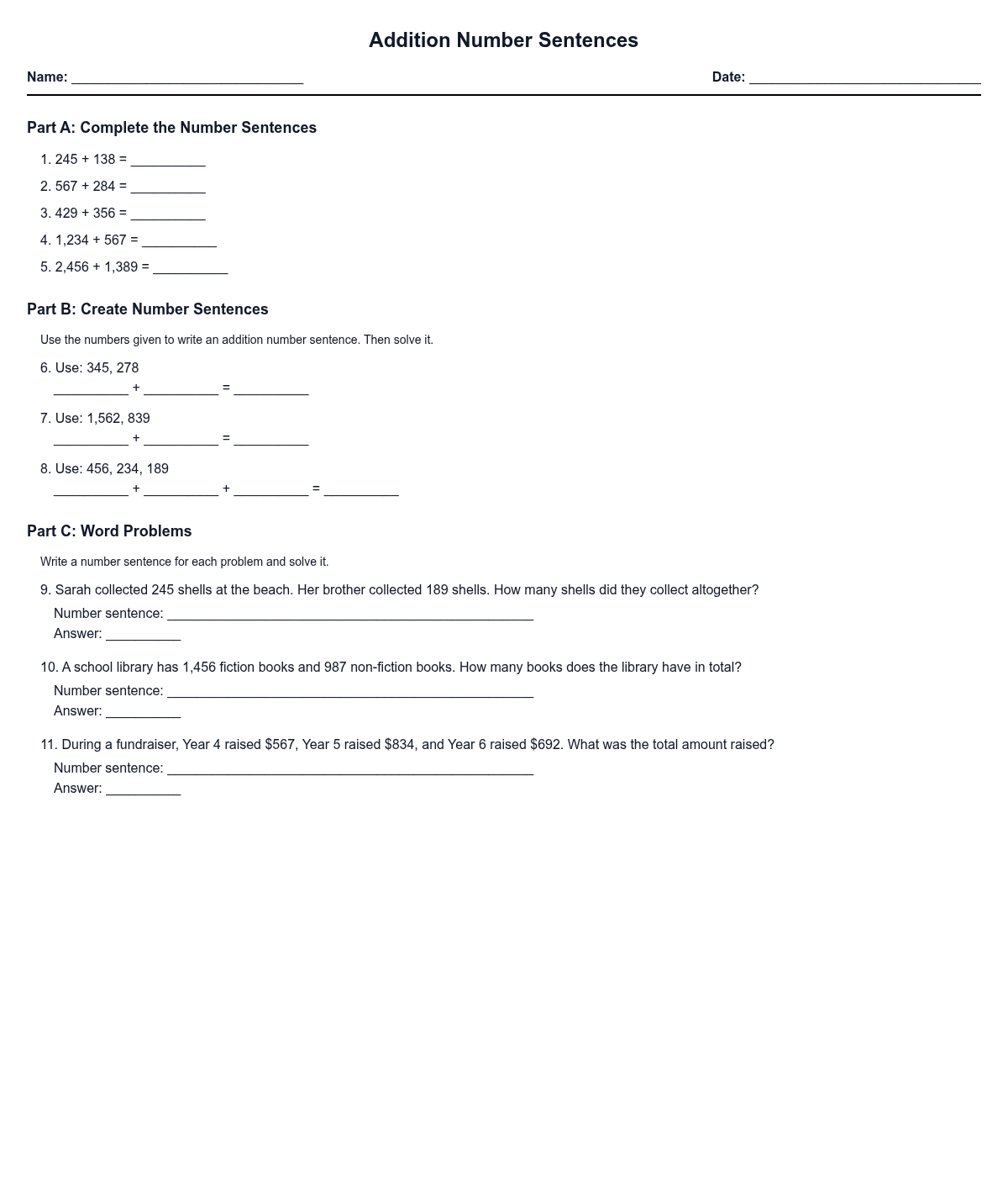 Addition Number Sentences