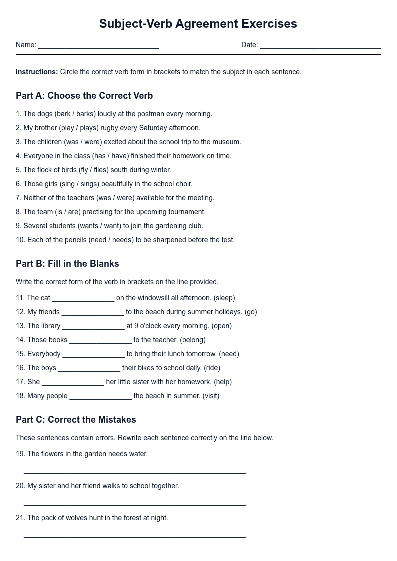 Subject-Verb Agreement Exercises