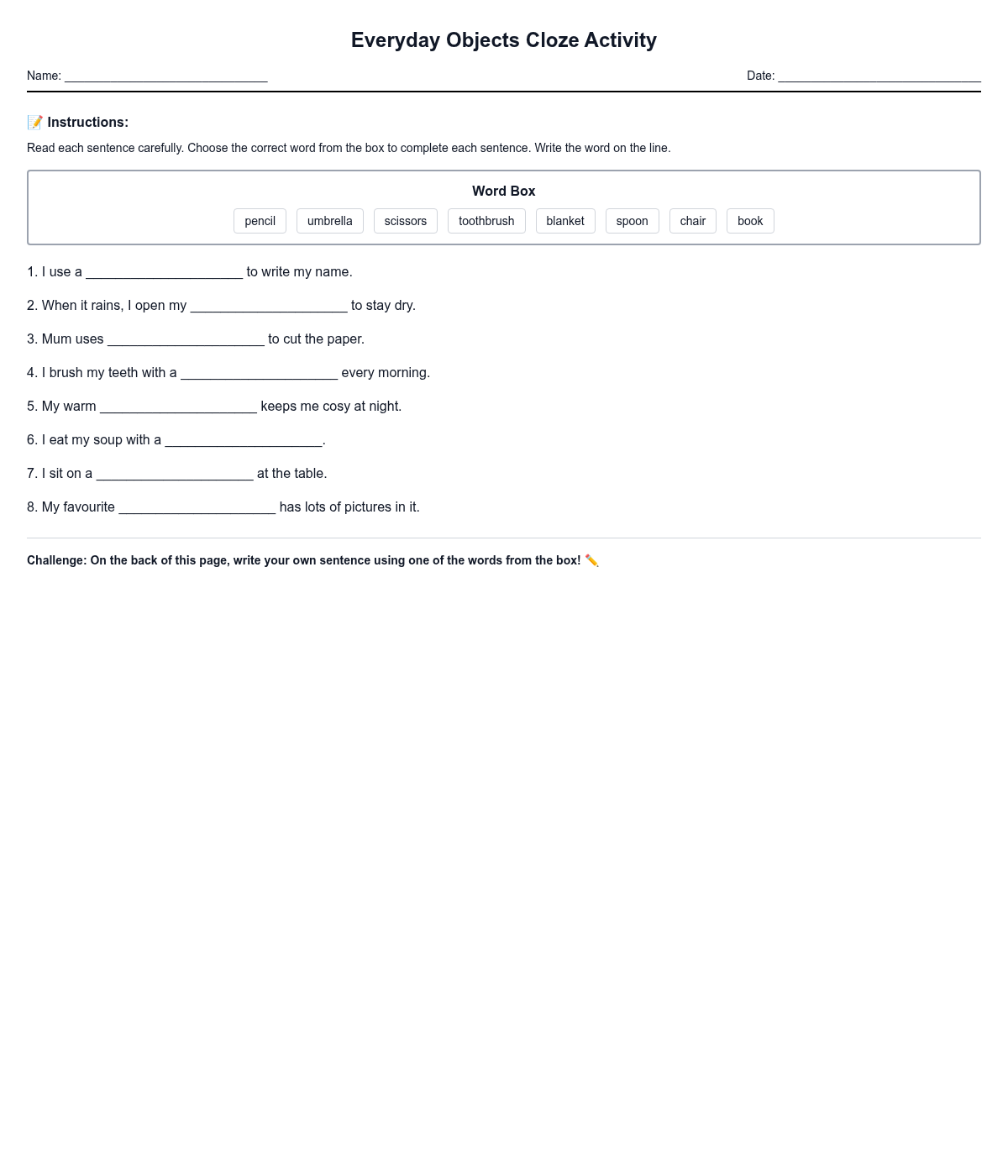 Everyday Objects Cloze Activity