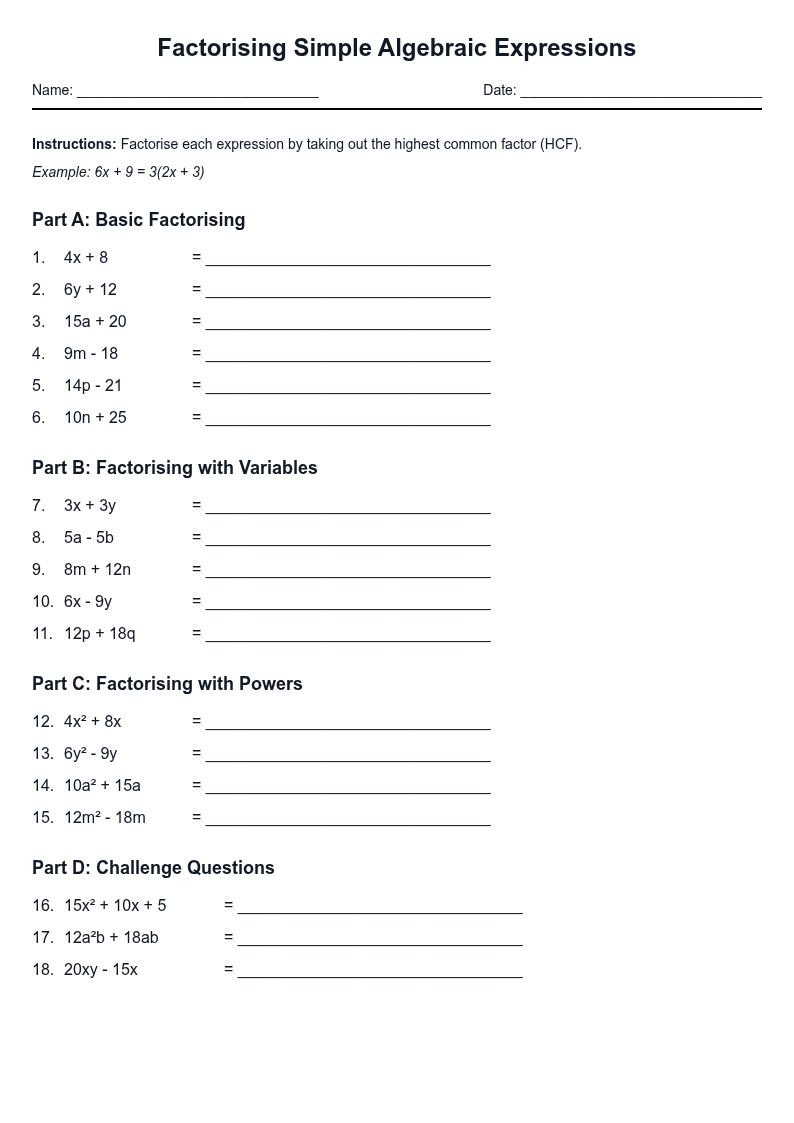 Factorising Simple Algebraic Expressions