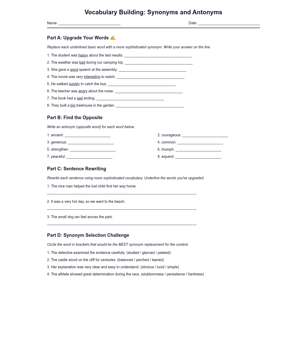 Vocabulary Building: Synonyms and Antonyms