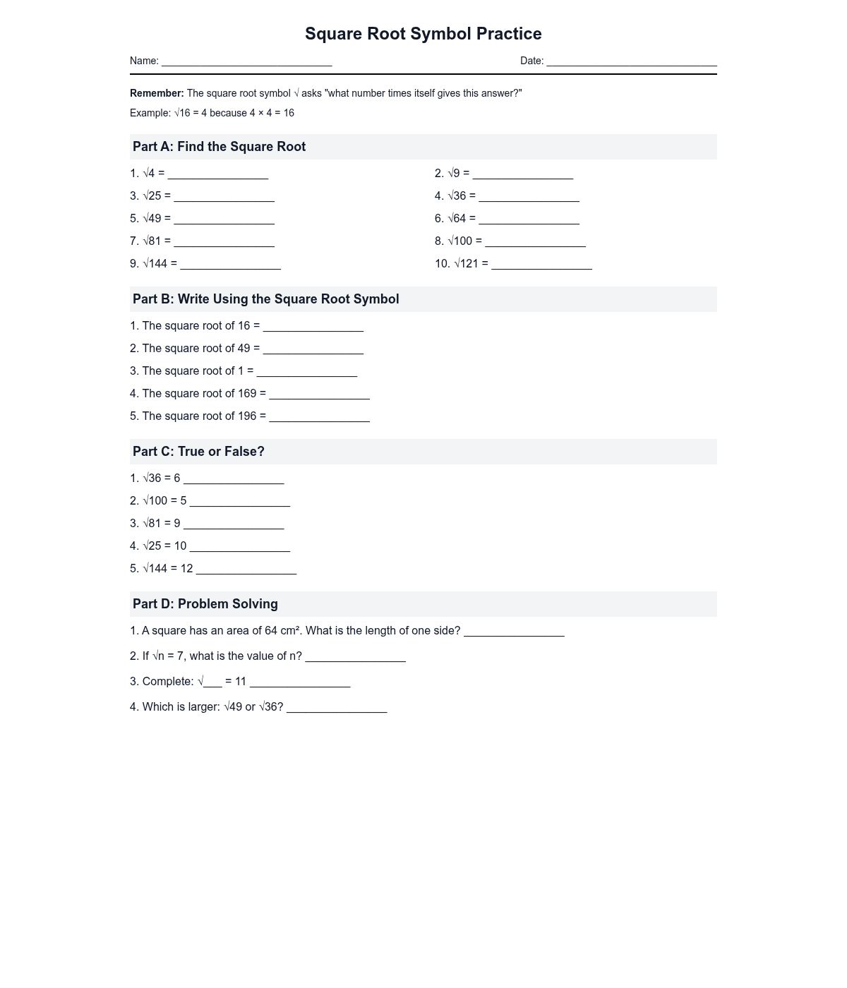 Square Root Symbol Practice
