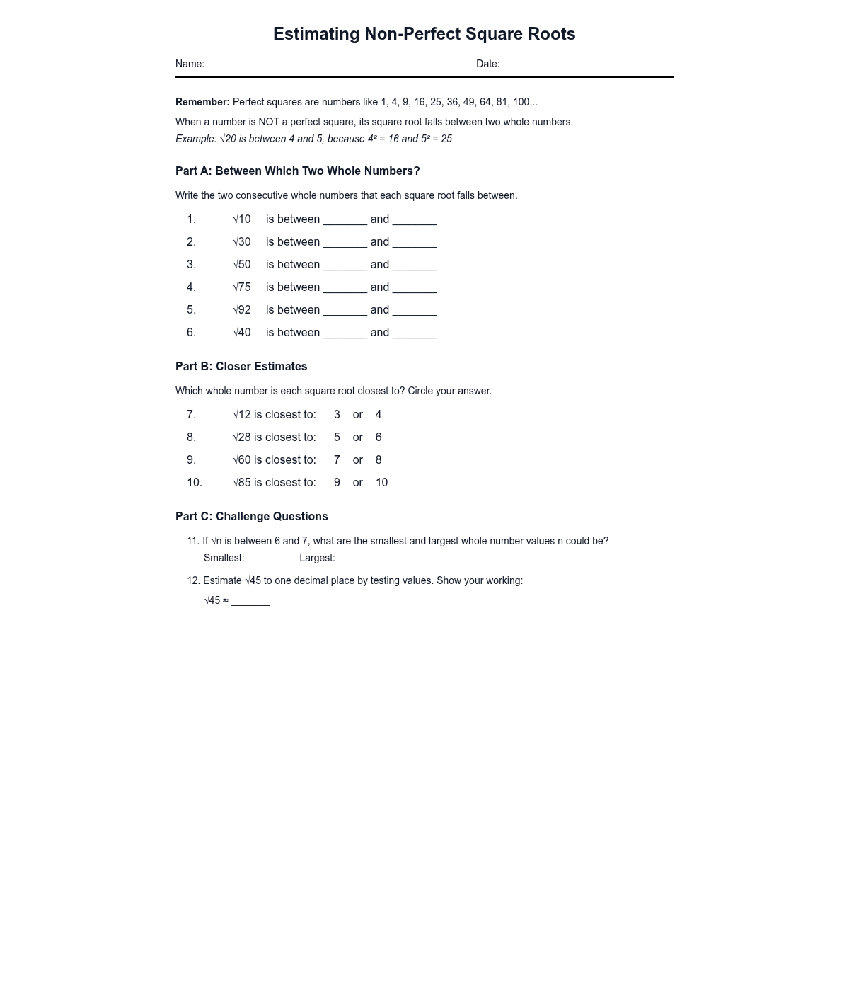 Estimating Non-Perfect Square Roots