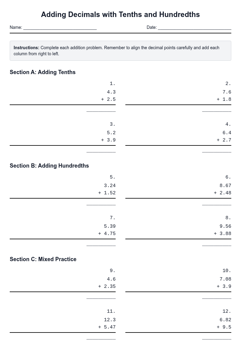 Adding Decimals with Tenths and Hundredths