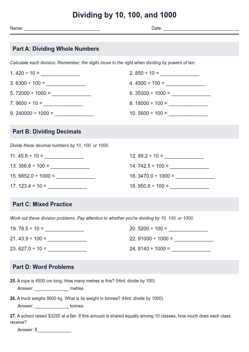 Dividing by 10, 100, and 1000
