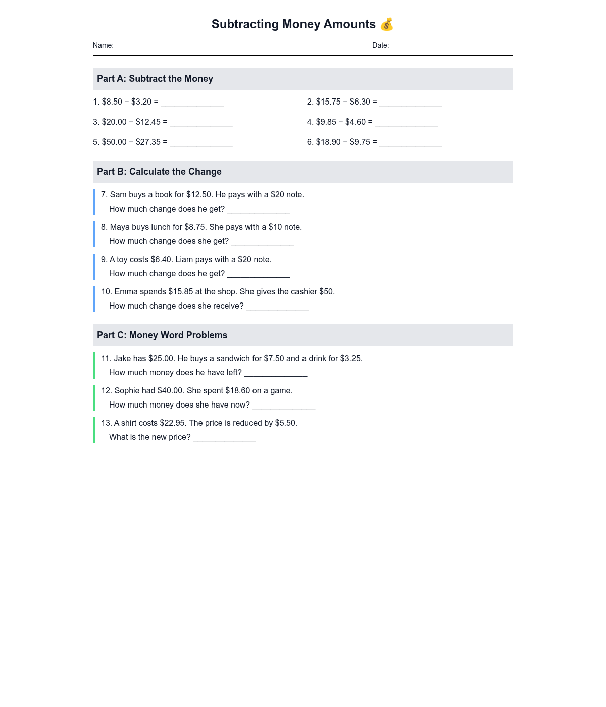 Subtracting Money Amounts