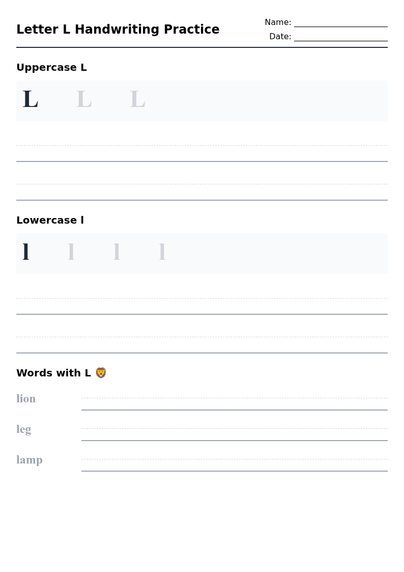 Letter L Handwriting Practice