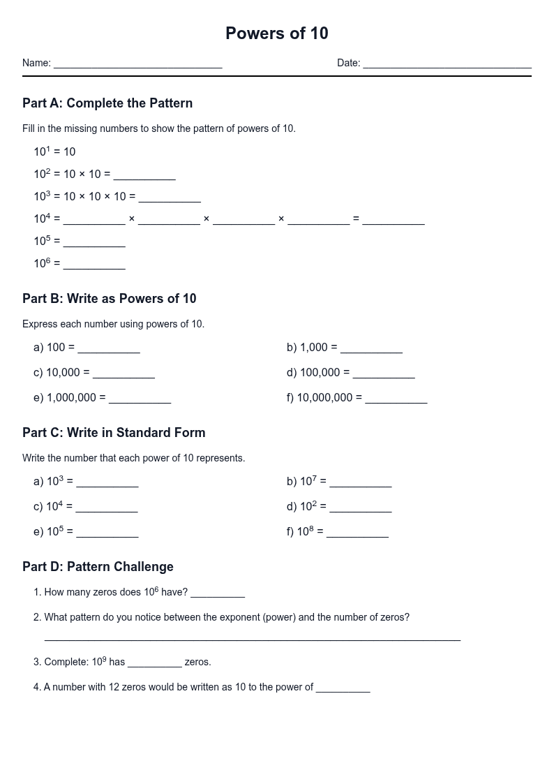 Powers of 10 Worksheet