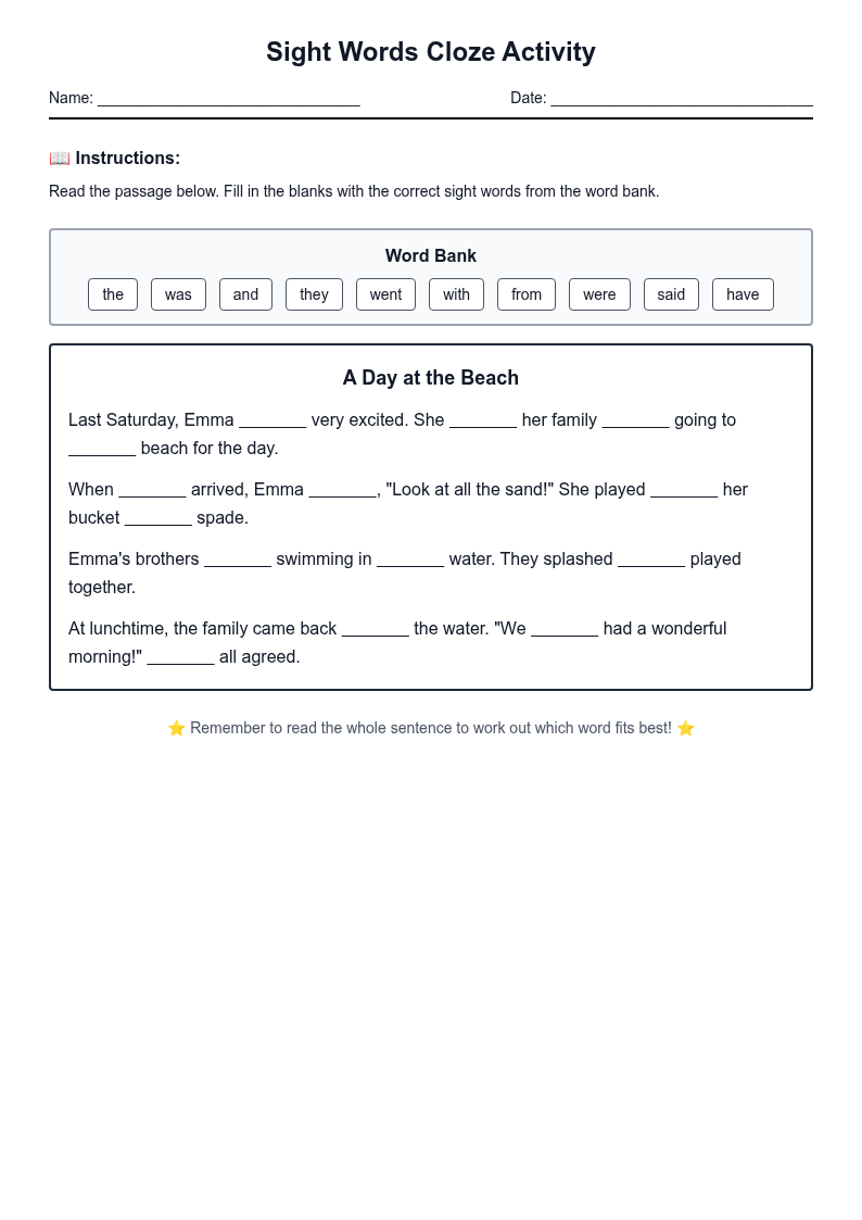 Sight Words Cloze Activity