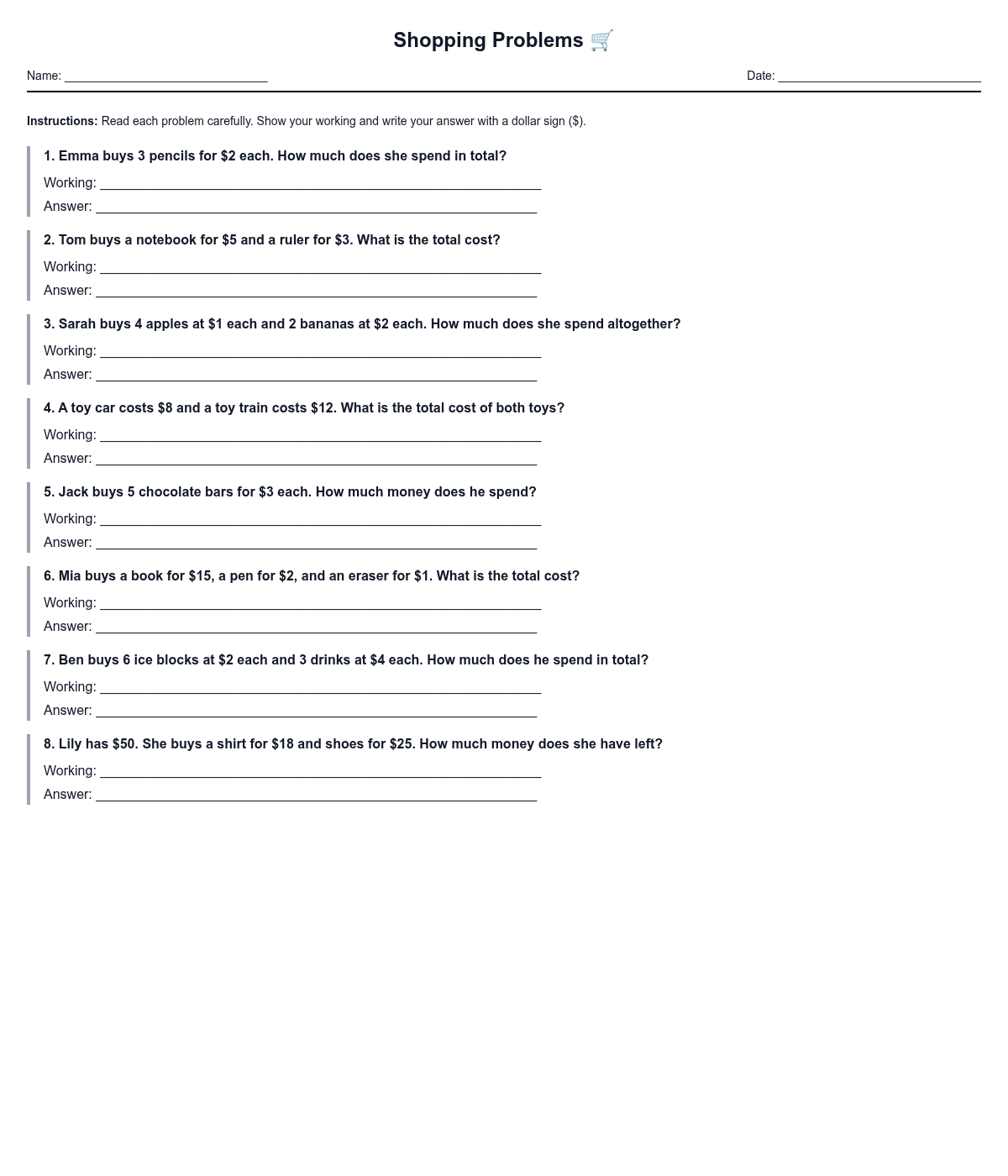 Shopping Problems - Total Costs